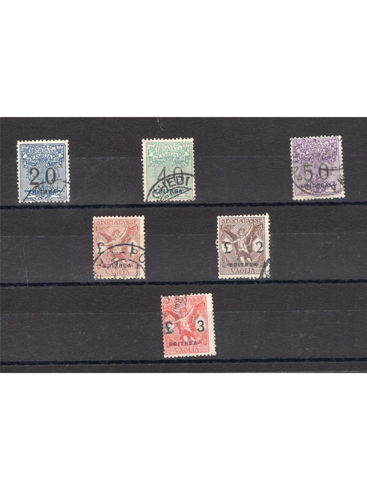 Eritrea 1924 Segnatasse vaglia soprast. serie n° 1/6 Cert. Biondi Cat. € 1.400 (U)