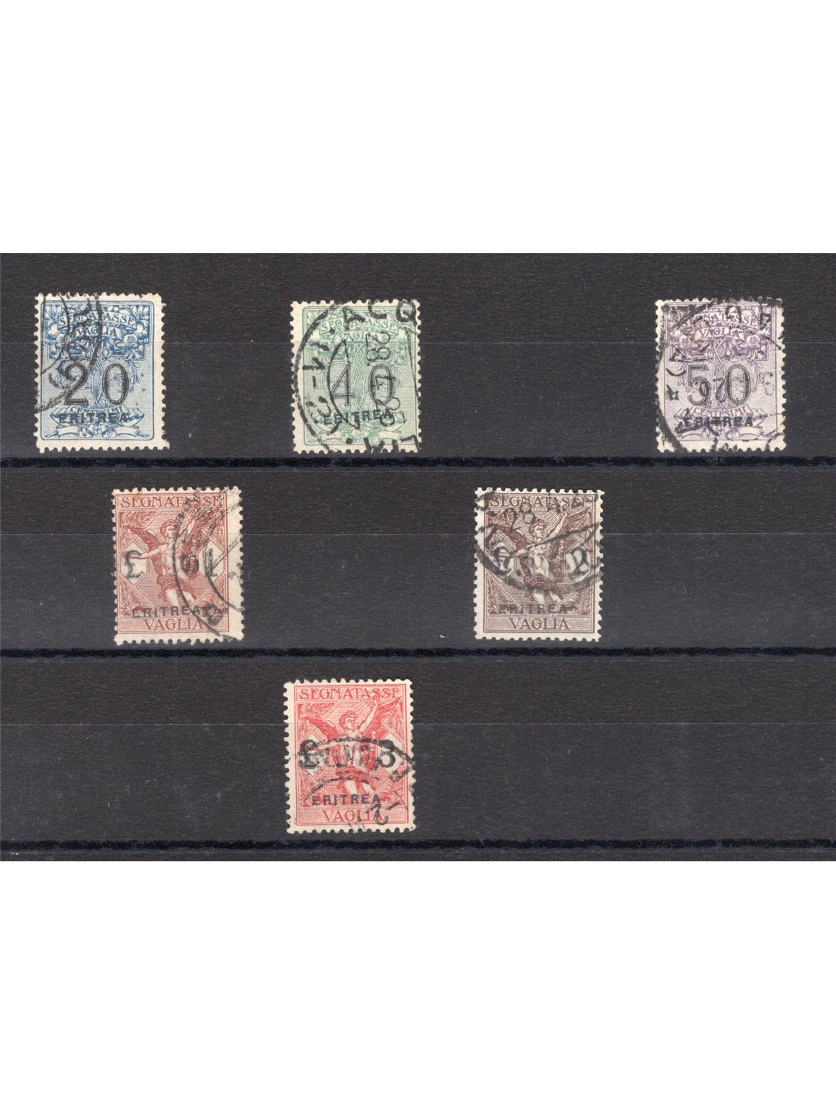 Eritrea 1924 Overprinted money order tax stamp series no. 1/6 Biondi certified Cat. €1,400 (U)