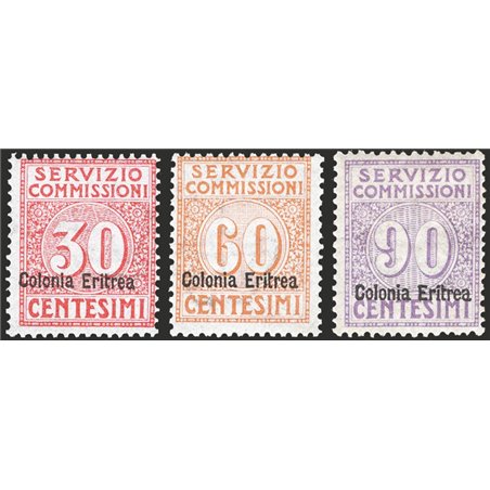 Eritrea 1916 Servizio commissioni soprast. serie n° 1/3 Cert. CiBaFil Cat. € 500 (**)