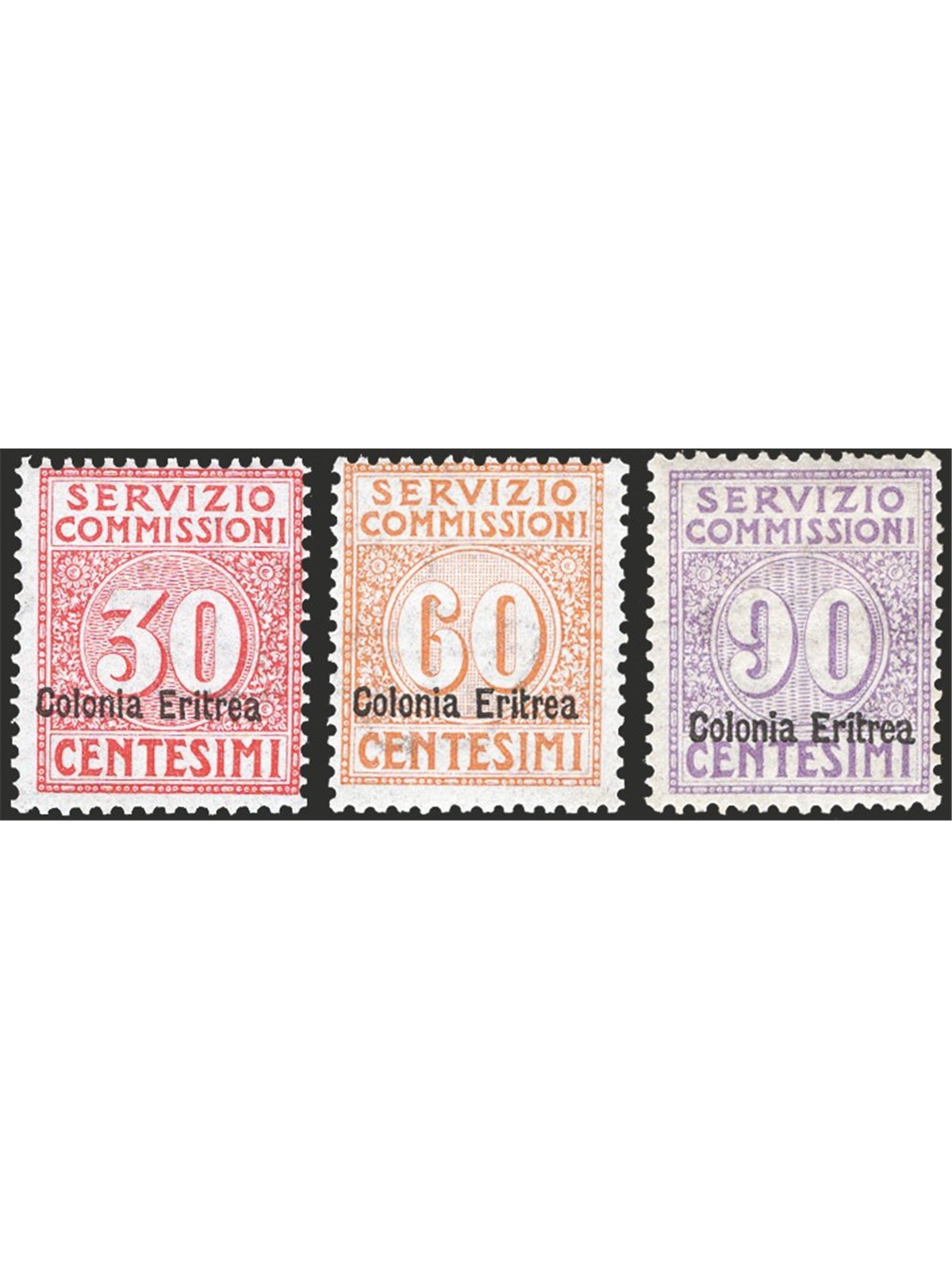 Eritrea 1916 Servizio commissioni soprast. serie n° 1/3 Cert. CiBaFil Cat. € 500 (**)