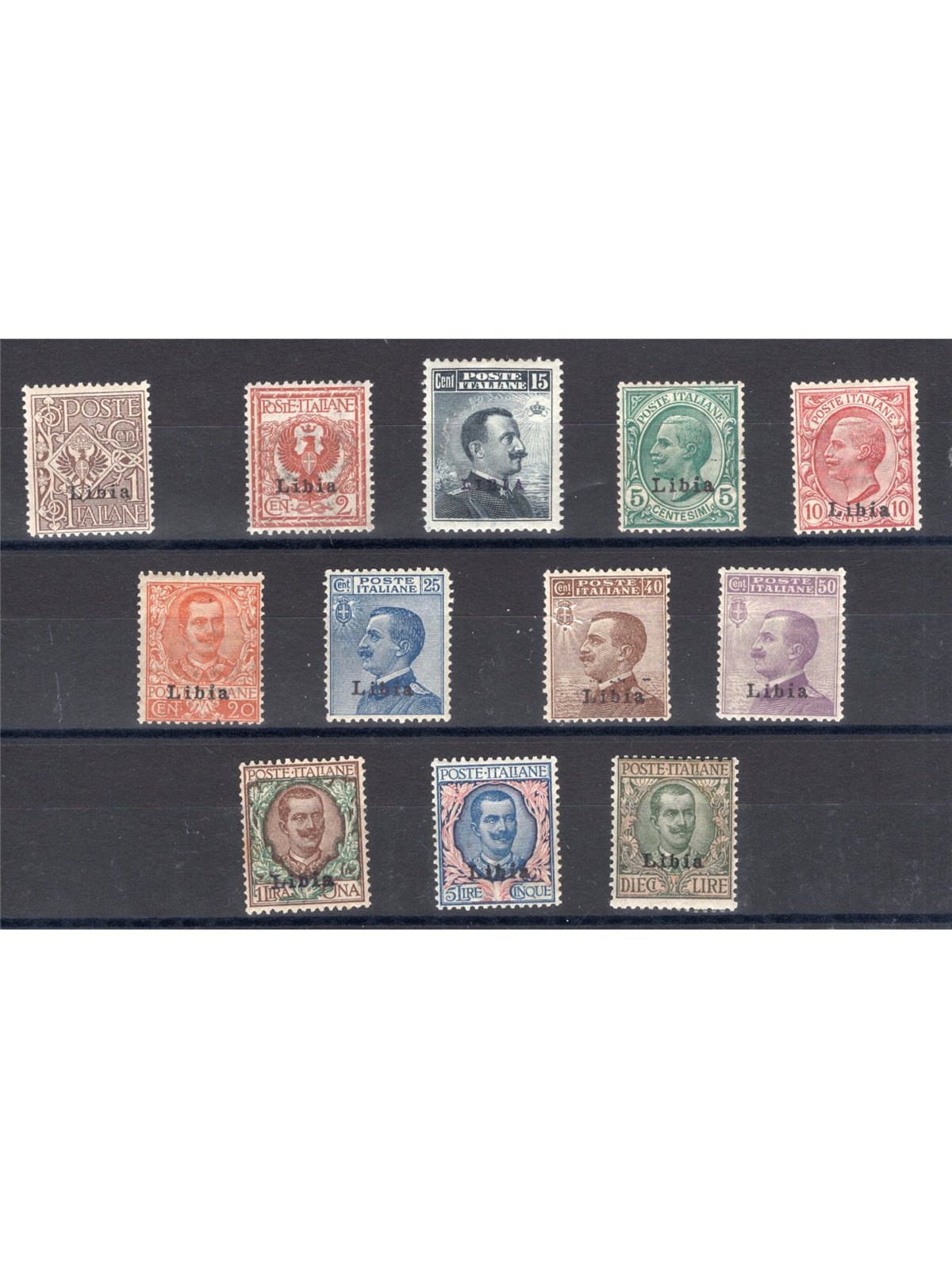 Libia 1912/15 Floreale e Michetti soprast. serie n° 1/12 con ottima centratura Cert. Biondi Cat. € 7.500 (**)