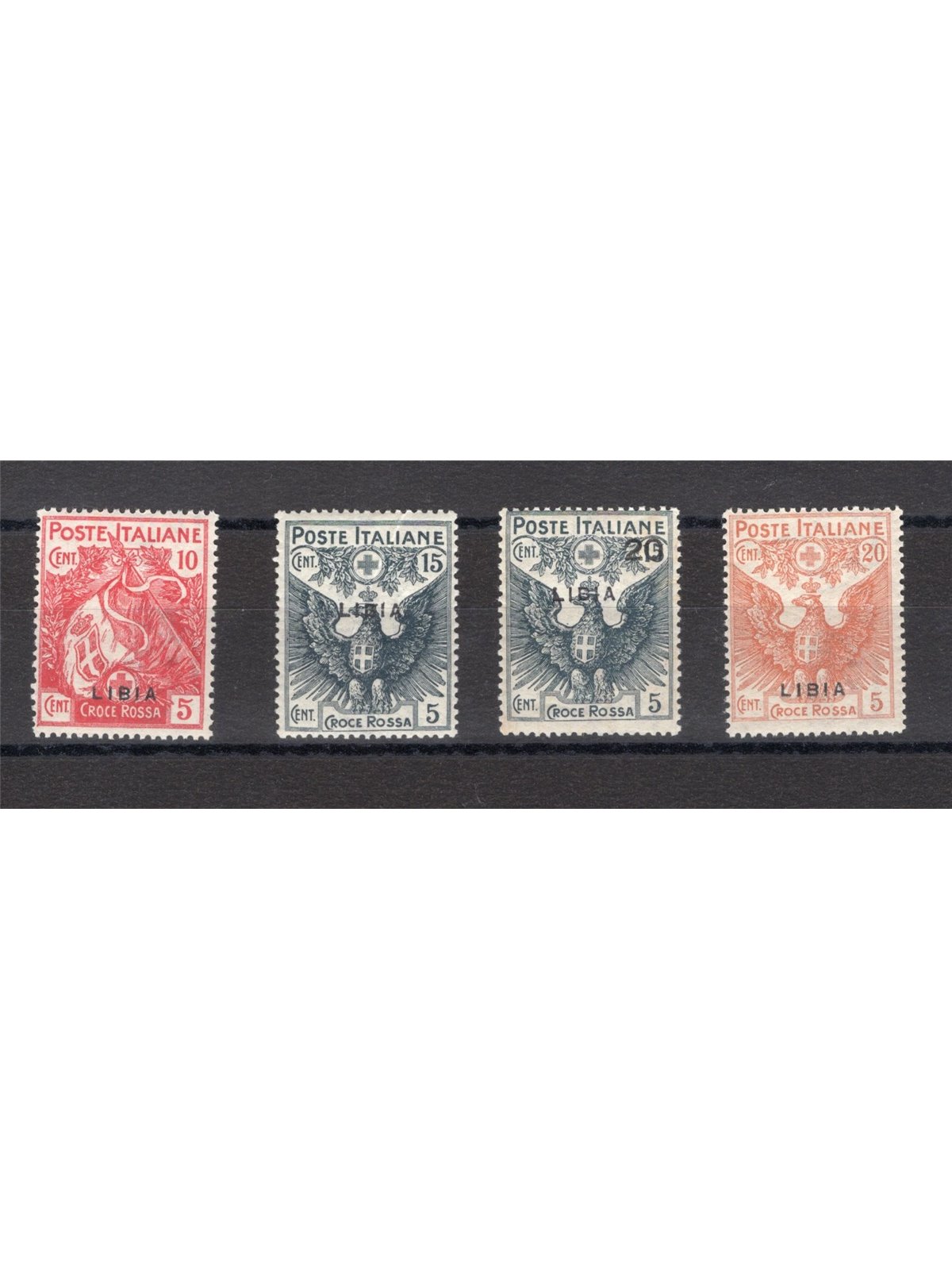 Libia 1915/16 Croce Rossa serie n° 13/16 Cert. Biondi Cat. € 450 (**)