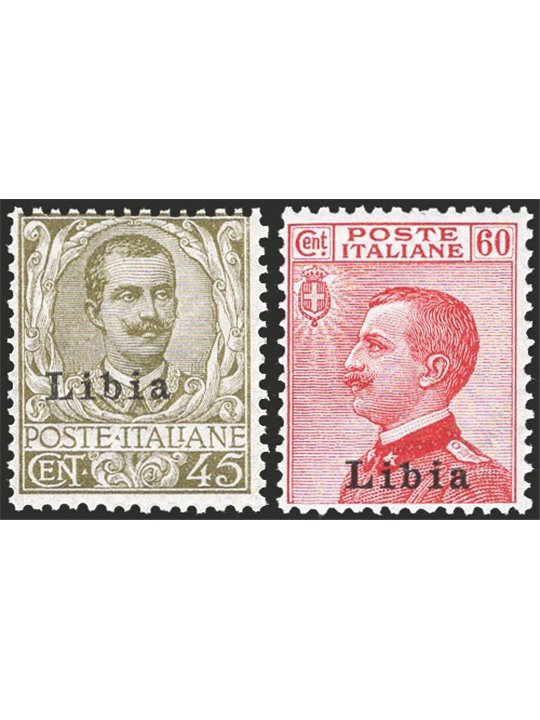Libia 1917/18 Floreale 45 c. oliva e Michetti 60 c. carminio soprast. del 1° tipo serie n° 18/19 Cert. CiBaFil Cat. € 275 (**)