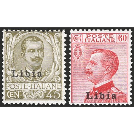 Libia 1917/18 Floreale 45 c. oliva e Michetti 60 c. carminio soprast. del 1° tipo serie n° 18/19 Cert. CiBaFil Cat. € 275 (**)