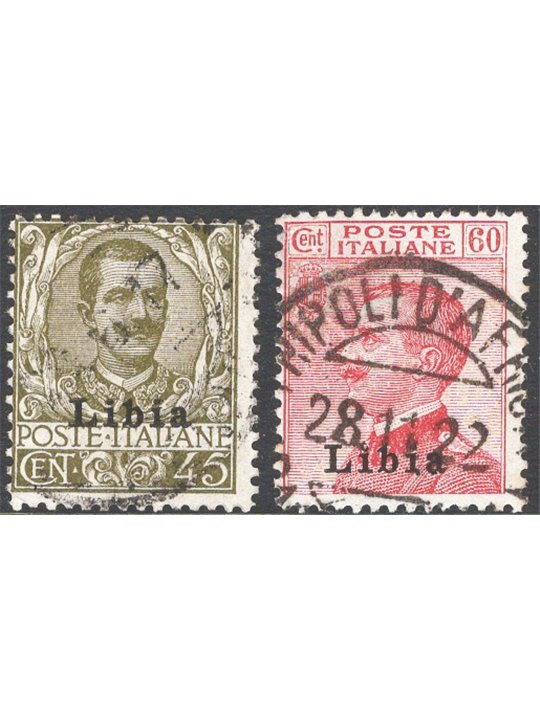 Libya 1917/18 ‘Libya’ overprint 45 c. and 60 c. series no. 18/ 19 Cat. € 100 (U)
