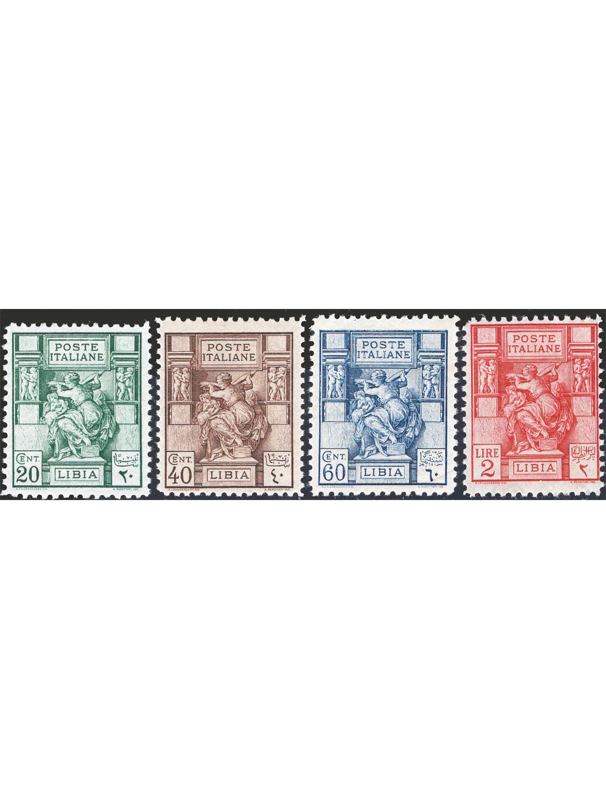 Libya 1926/29 Libyan Sibyl 11 linear perforations series no. 54/57 CiBaFil cert. Cat. €650 (**)