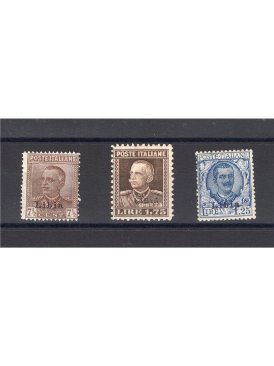 Libia 1928/29 Soprast. serie n° 78/80 con ottima centratura Cert. Biondi Cat. € 480 (*)