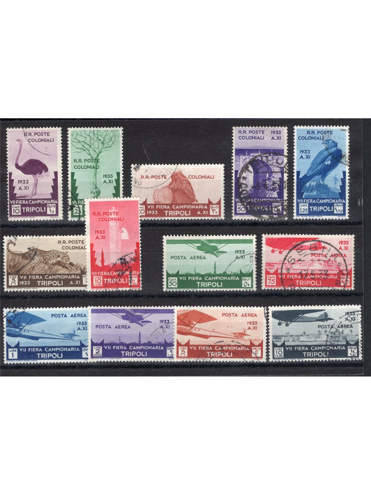Libia 1933 VII Fiera di Tripoli serie n° 118/24 + P.A. 8/13 con annulli filatelici di favore Cat. € 2.000 (U)