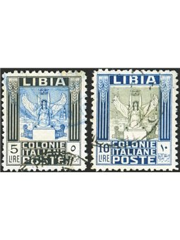 Libia 1937 Pittorica 5 £ + 10 £ dent. 11 senza filigrana n° 144/45 Cert. Biondi Cat. € 1.600 (U)
