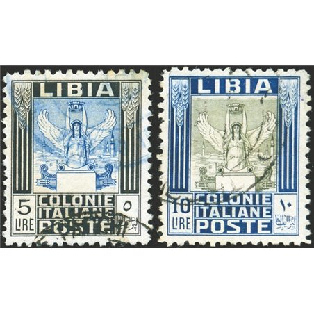 Libia 1937 Pittorica 5 £ + 10 £ dent. 11 senza filigrana n° 144/45 Cert. Biondi Cat. € 1.600 (U)