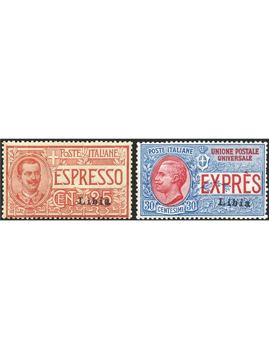 Libya 1915 Express overprint 1st type series no. 1/2 with excellent centring Biondi certificate Cat. €1,000 (**)
