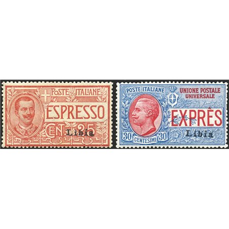 Libya 1915 Express overprint 1st type series no. 1/2 with excellent centring Biondi certificate Cat. €1,000 (**)