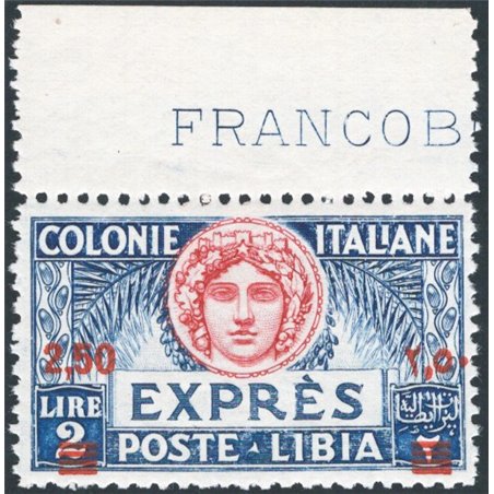 Libya 1933 Express 2.50 on 2.00 £ perforation 11 excellently centred no. 13 Biondi Cert. Cat. €2,000 (**)