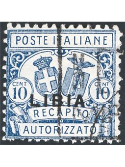 Libia 1929 Recapito autorizzato 10 c. azzurro soprast. dent. 11 n° 1 Cert. CiBaFil Cat. € 750 (U)