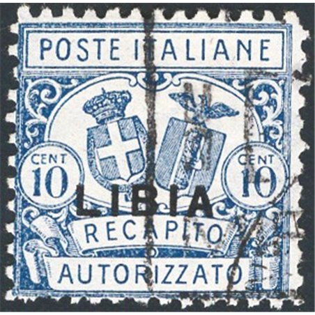 Libia 1929 Recapito autorizzato 10 c. azzurro soprast. dent. 11 n° 1 Cert. CiBaFil Cat. € 750 (U)