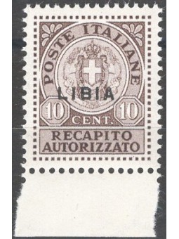 Libia 1929 Recapito autorizzato 10 c. bruno soprast. n° 3. Firm. Chia Cat. € 50 (**)