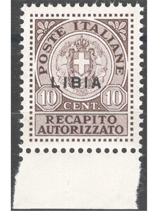 Libia 1929 Recapito autorizzato 10 c. bruno soprast. n° 3. Firm. Chia Cat. € 50 (**)