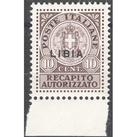 Libia 1929 Recapito autorizzato 10 c. bruno soprast. n° 3. Firm. Chia Cat. € 50 (**)