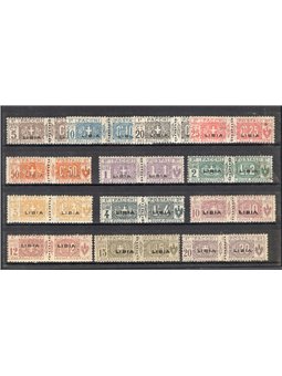 Libia 1915/24 Pacchi postali nodo di Savoia soprast. serie n° 1/13 Cert. CiBaFil Cat. € 2.300 (**)