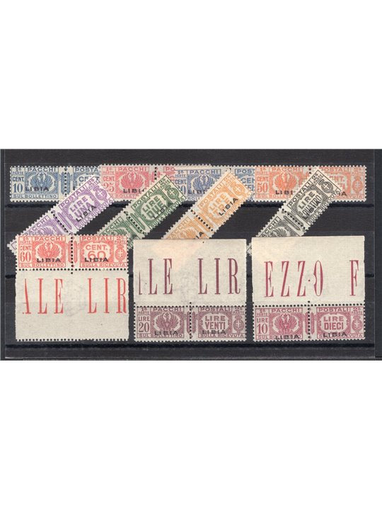 Libia 1927/37 Pacchi postali con fascio al centro serie n° 14/24. Firm. AD Cert. Biondi Cat. € 2.800 (**)