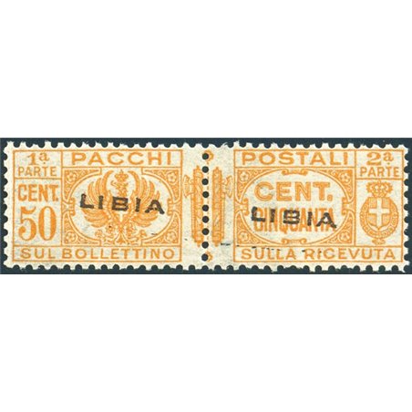Libya 1936 Postal parcels with bundle in centre 50 c. orange with oblique overprint no. 17c. Signed AD ED. Certified by Biondi. 
