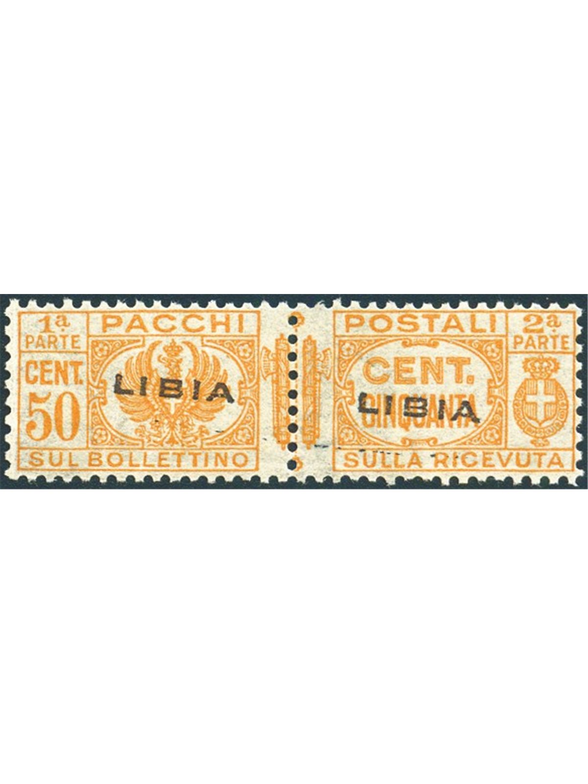 Libia 1936 Pacchi postali con fascio al centro 50 c. arancio con soprast. obliqua n° 17c. Firm. AD ED Cert. Biondi Cat. € 975 (*