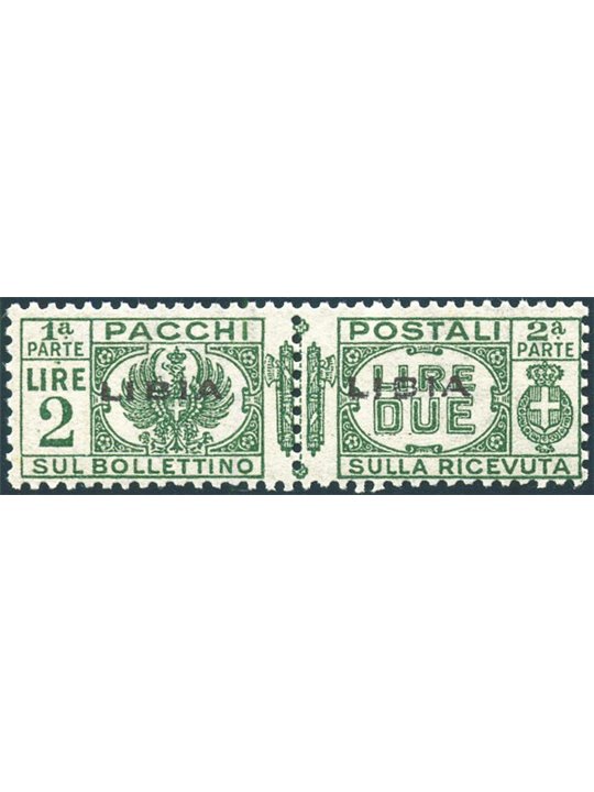 Libya 1937 Postal parcels with bundle in centre 2 £ green with overprint in centre no. 20b. Signed AD ED. Certified by Biondi. C