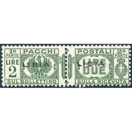 Libya 1937 Postal parcels with bundle in centre 2 £ green with overprint in centre no. 20b. Signed AD ED. Certified by Biondi. C