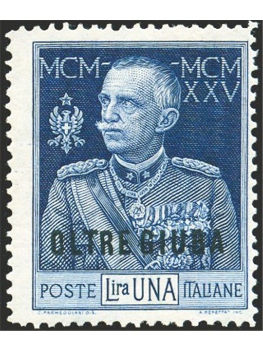 Oltre Giuba 1925 Jubilee 1 £ with 13½ perforation no. 22 Biondi certificate Cat. € 3,250 (**)