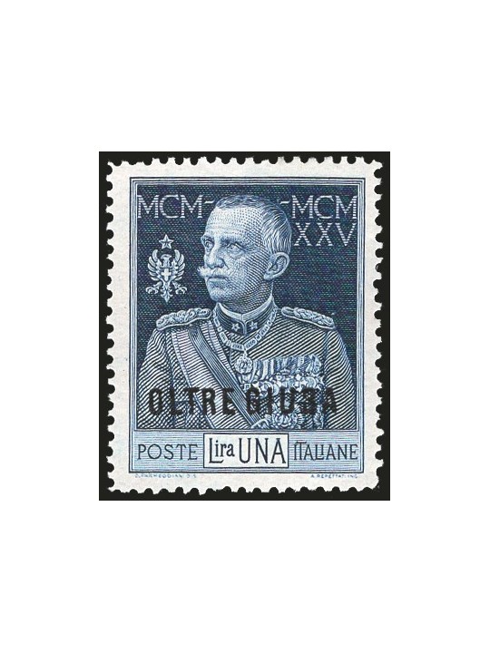 Oltre Giuba 1925 Jubilee 1 £ with 13½ perforation no. 22 with excellent centring. Signed Raybaudi CiBaFil certificate Cat. € 6,5