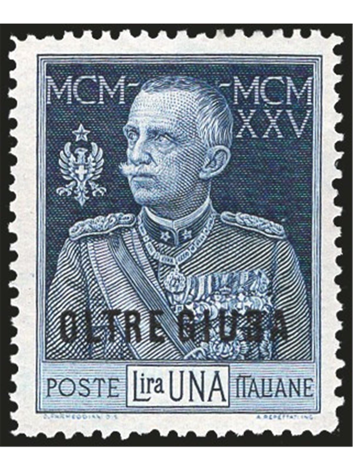 Oltre Giuba 1925 Jubilee 1 £ with 13½ perforation no. 22 with excellent centring. Signed Raybaudi CiBaFil certificate Cat. € 6,5