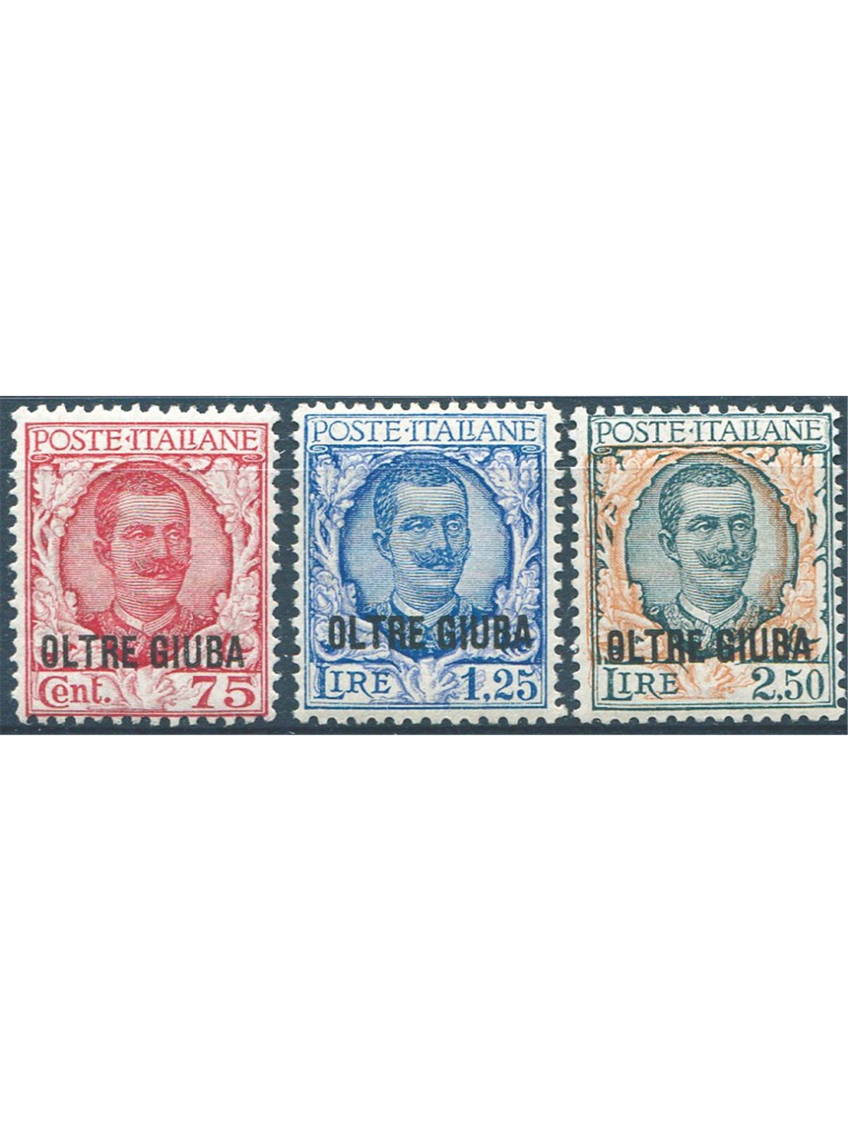 Oltre Giuba 1926 Floreale soprast. serie n° 42/44 con ottima centratura Cert. Biondi Cat. € 2.500 (**)