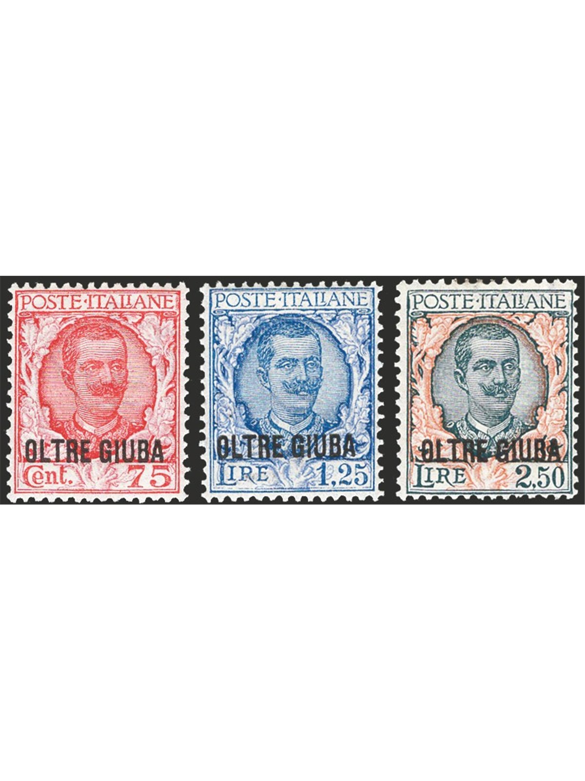 Oltre Giuba 1926 Floreale soprast. serie n° 42/44 con ottima centratura Cert. CiBaFil Cat. € 1.000 (*)