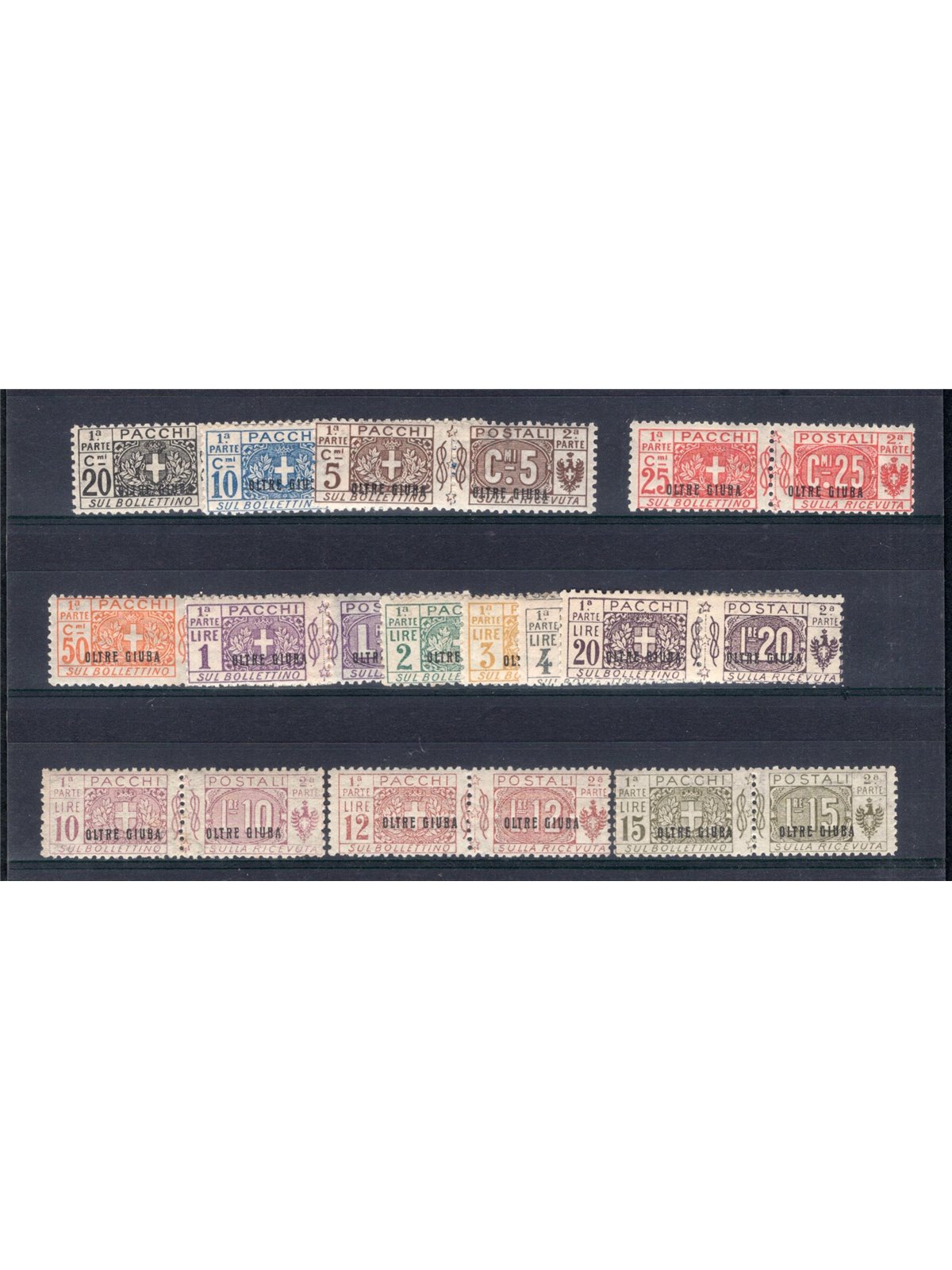 Oltre Giuba 1925 Pacchi postali soprast. serie n° 1/13 Cert. Biondi Cat. € 3.000 (**)