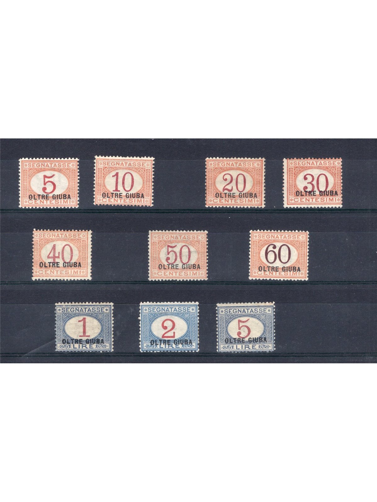 Oltre Giuba 1925 Overprinted postage stamps series no. 1/10 Biondi certified Cat. €2,600 (** )