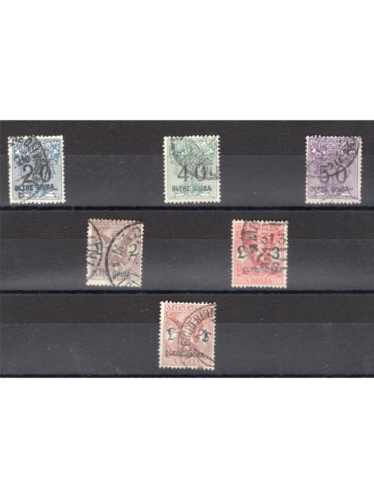 Oltre Giuba 1925 Overprinted money order stamp series no. 1/6 certified by Biondi Cat. €2,500 (U)