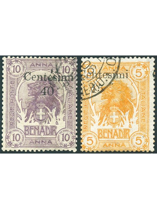 Somalia 1905 Leoni con nuovo valore in soprast. eseguita a Zanzibar serie n° 8/9 Cert. Chia Cat. € 2.400 (U)