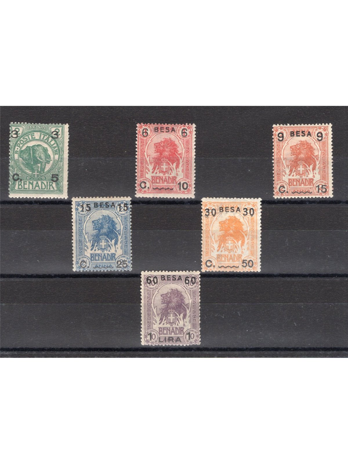 Somalia 1922 Soprast. serie n° 24/29 Cert. Biondi Cat. € 500 (**)