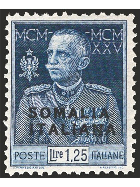 Somalia 1926 Giubileo del Re 1,25 £ azzurro dent. 11 n° 69. Firm. AD ED Cert. Apicella Cat. € 4.500 (**)
