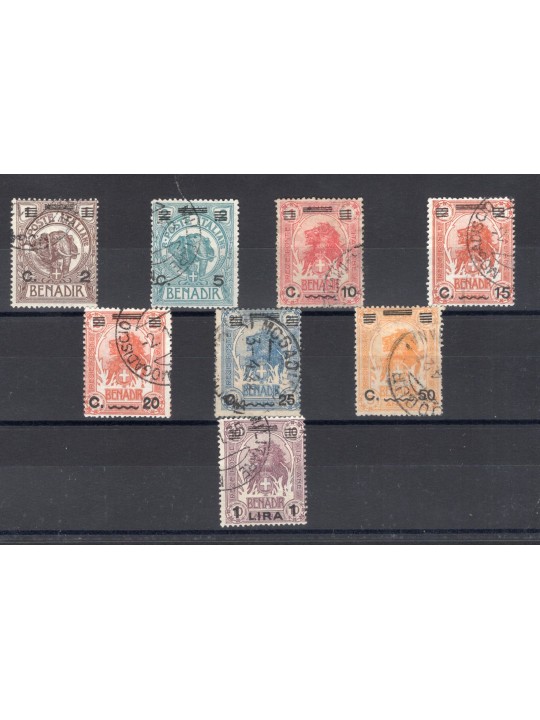 Somalia 1926 Elefanti e leoni soprast. serie n° 73/80 Cert. Biondi Cat. € 300 (U)