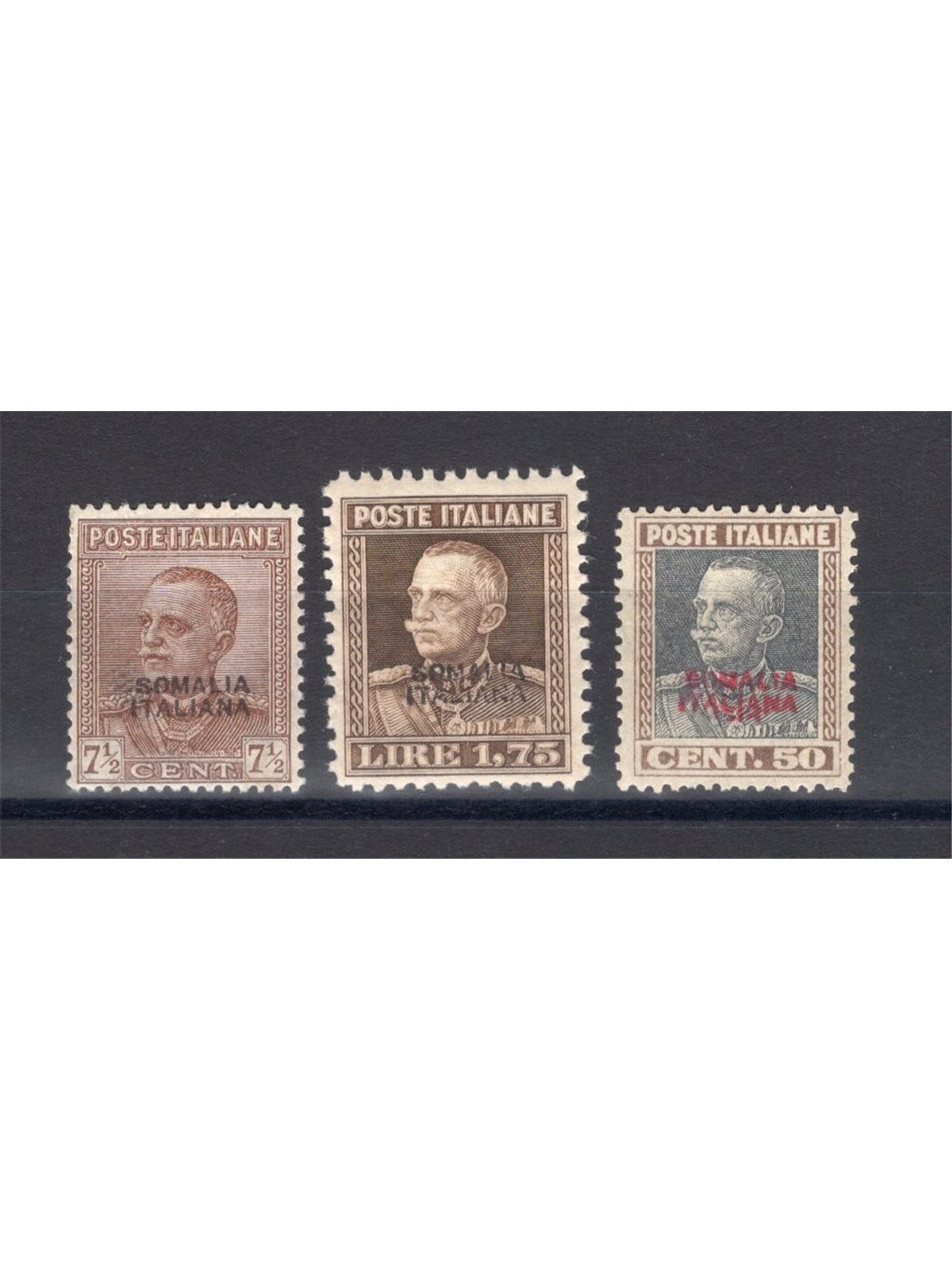 Somalia 1928 Victor Emmanuel with overprint of the 2nd type series no. 116/18 with excellent centring Biondi certificate catalog