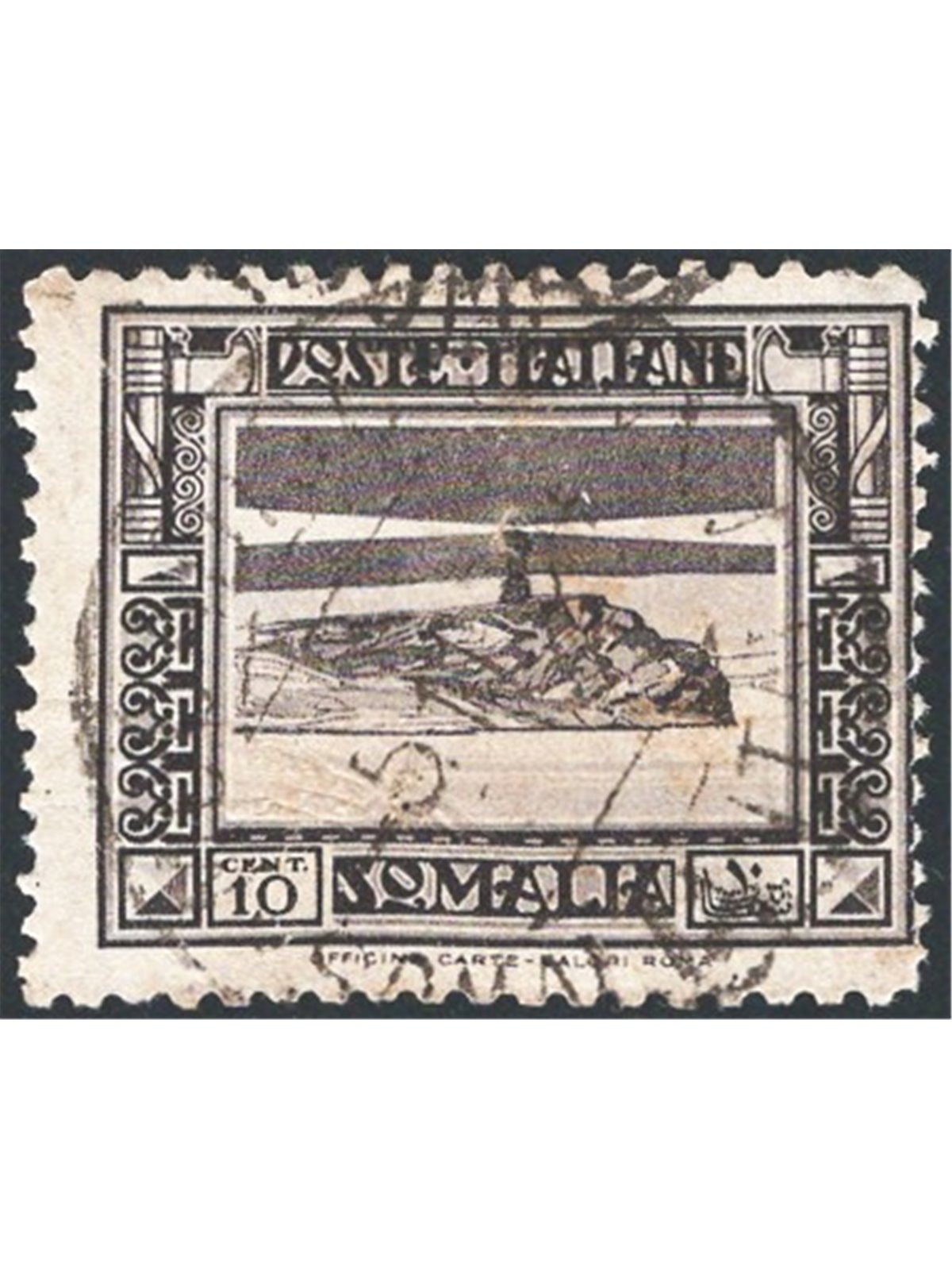 Somalia 1932 Pittorica 10 c. grey-black perforation 12x14 No. 169a. Signed Raybaudi. Cert. CiBaFil Cat. € 2,400 (U)