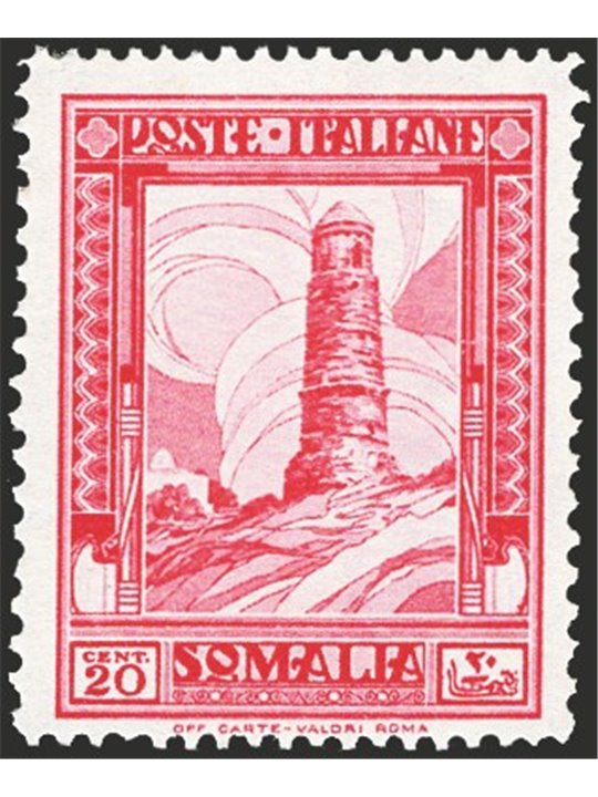 Somalia 1932 ‘Pittorica’ 20 c. carmine perforation 14x12 no. 171a. Signed Raybaudi. Cert. CiBaFil Cat. € 4,000 (*)