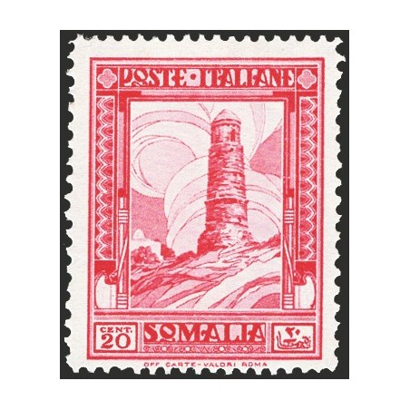 Somalia 1932 Pittorica 20 c. carminio dent. 14x12 n° 171a. Firm. Raybaudi Cert. CiBaFil Cat. € 4.000 (*)