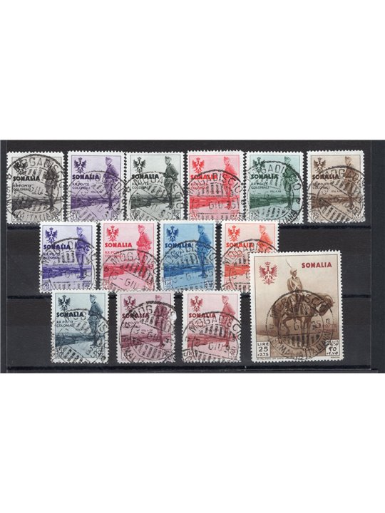 Somalia 1935 Royal Visit series no. 199/212 with original dated cancellations from a philatelic letter CiBaFil certified Cat. €2