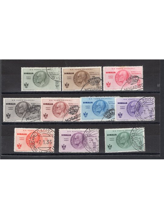 Somalia 1932 P.A. Volo Roma-Mogadiscio serie n° 7/16 con annulli filatelici postumi originali Cert. CiBaFil Cat. € 1.000 (U)