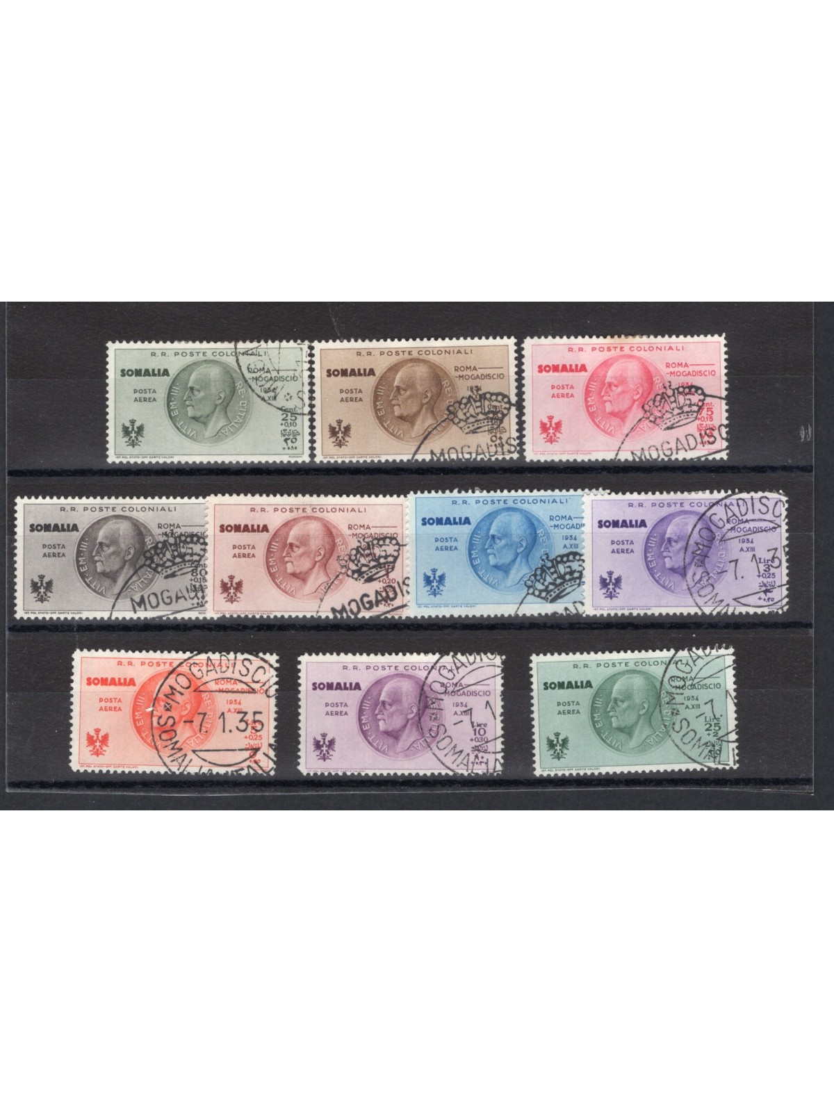 Somalia 1932 P.A. Rome–Mogadishu Flight series no. 7/16 with original posthumous philatelic cancellations CiBaFil certified Cat.