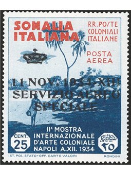 Somalia 1934 Airmail stamp of the P.A. Colonial Art Exhibition 25 c. brown indigo and orange overprinted “11 Nov. 1934 XIII Spec