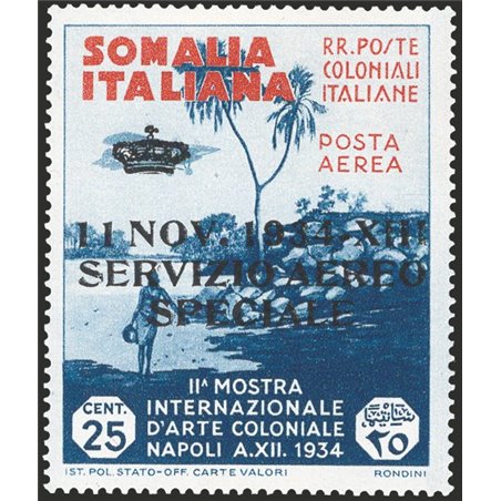 Somalia 1934 Servizio aereo francobollo di P.A. Mostra d'Arte Coloniale 25 c. indaco bruno e arancio soprast. “11 Nov. 1934 XIII