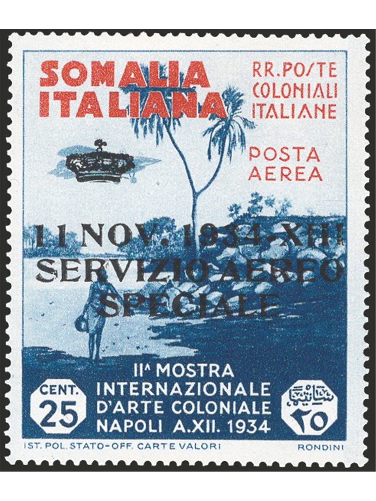 Somalia 1934 Servizio aereo francobollo di P.A. Mostra d'Arte Coloniale 25 c. indaco bruno e arancio soprast. “11 Nov. 1934 XIII